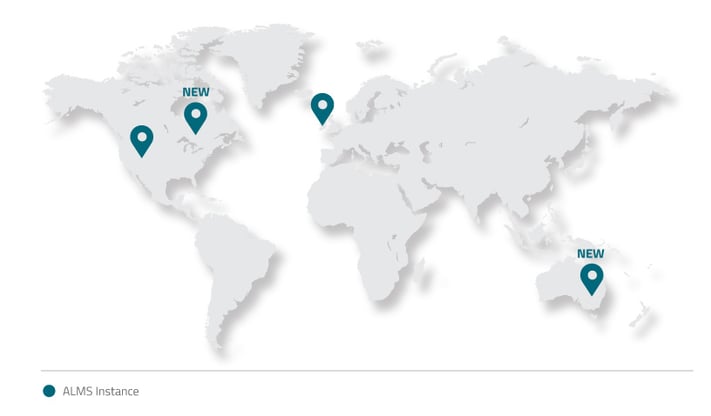 Global map of Semtech's new ALMS network incluing blue pins in Canada, USA, and Australia