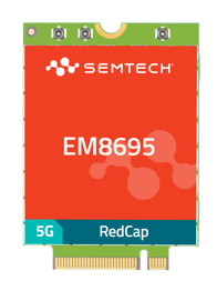 The image shows a Semtech EM8695 RedCap 5G module. It's a small rectangular electronic component with a red circuit board featuring the Semtech logo at the top, "EM8695" printed in white in the center, and a teal/green band at the bottom with "5G" and "RedCap" labels. This appears to be a communication module designed for 5G RedCap (Reduced Capability) applications.