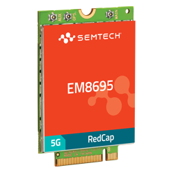 Semtech EM8695 5G RedCap module with a compact design, featuring the Semtech logo and branding in red, optimized for efficient 5G IoT connectivity