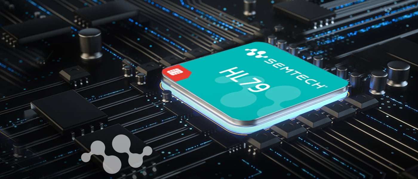 ES-BLOG-Discussions on Low-Power Cellular IoT Trends-A detailed render of a Semtech HL79 chip mounted on a sleek circuit board, illuminated by blue lines representing data flow, highlighting its role in cutting-edge Low-Power Cellular IoT applications.