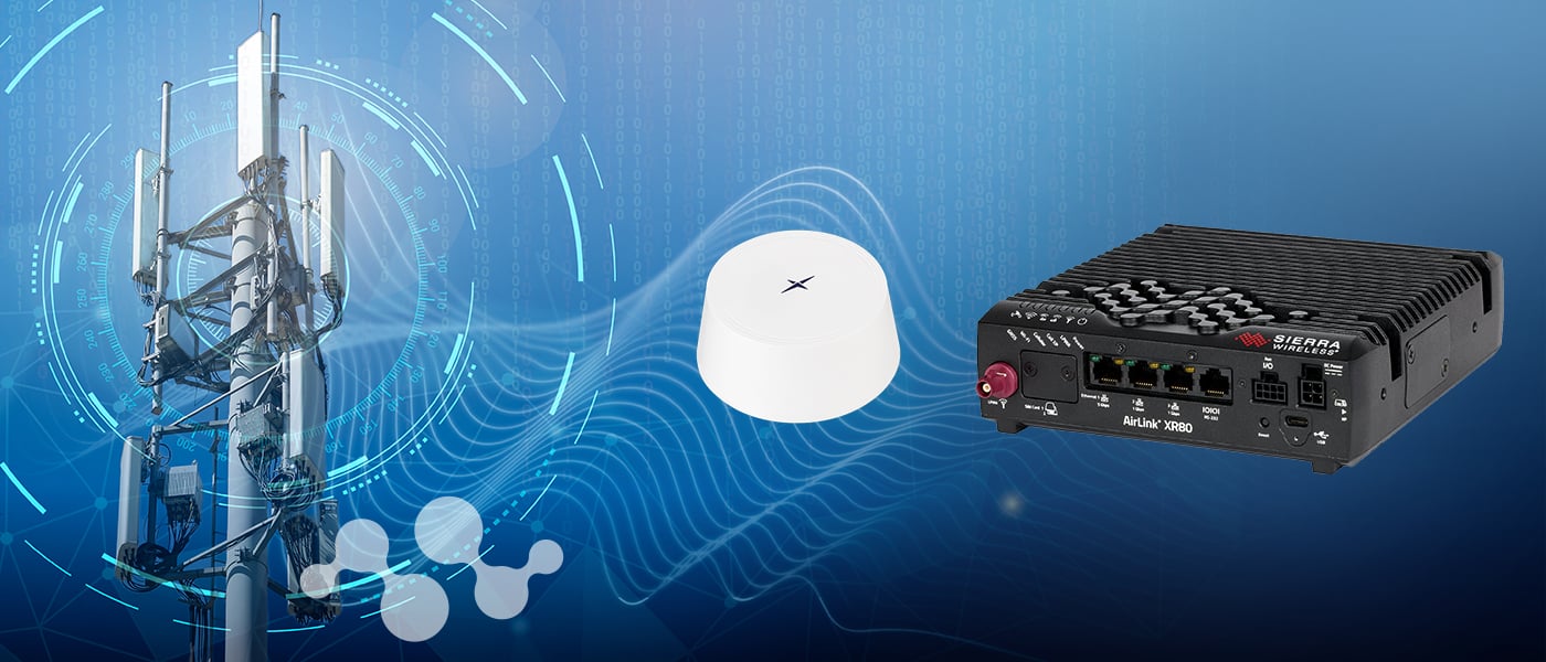 Wireless networking infrastructure featuring a cell tower, radio wave signals, wireless antennas, and a Sierra Wireless AirLink router, illustrating the connectivity ecosystem for mission-critical applications