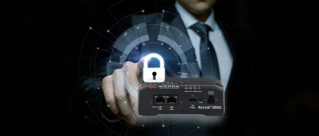 Business professional holding a Sierra Wireless AirLink XR60 router with a glowing security lock icon and digital network overlay, representing enhanced cybersecurity compliance features in AirLink OS 5.22