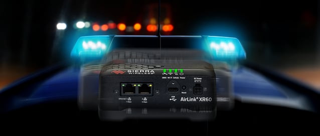 AirLink XR60 router mounted in an emergency vehicle with blue emergency lights visible, demonstrating network slicing capabilities for prioritized connectivity in critical public safety applications4