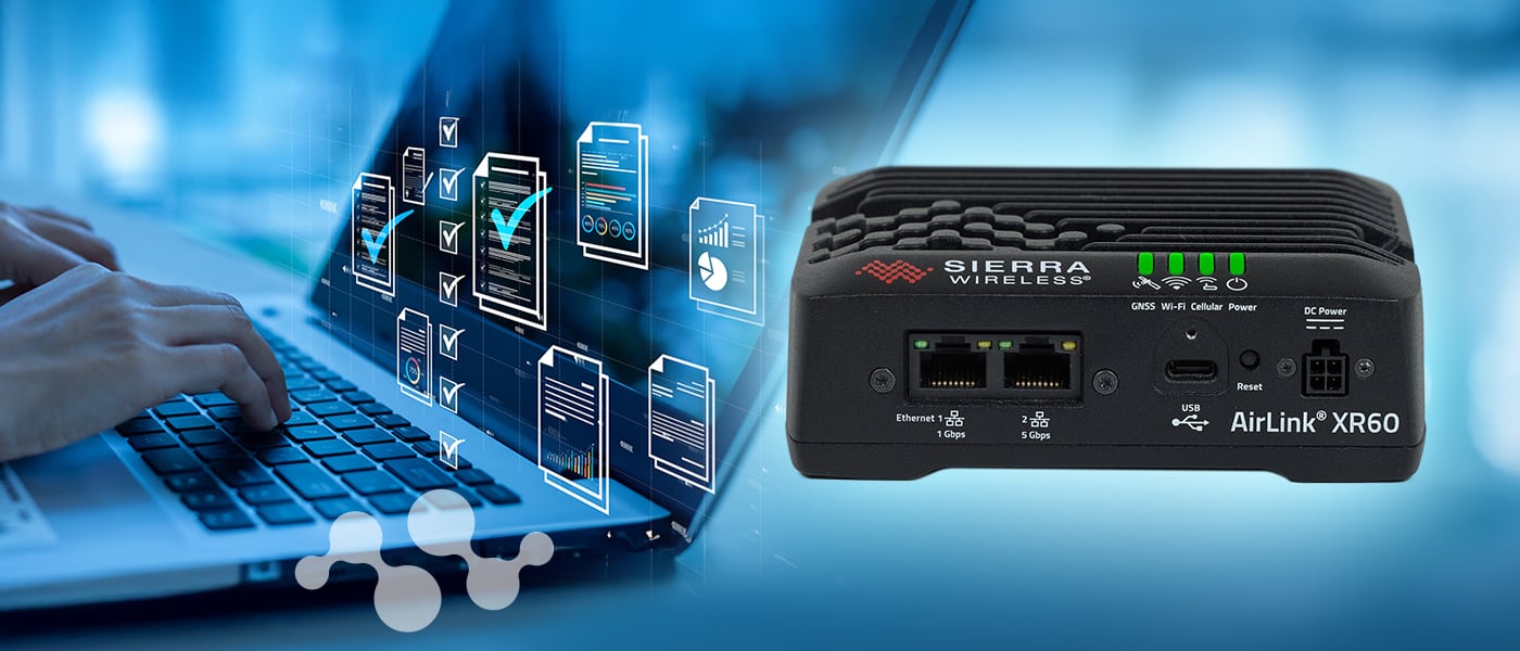 Hand holding a mobile device displaying network management interface alongside an AirLink router with LED status indicators, illustrating remote network management capabilities in AirLink OS 5.2
