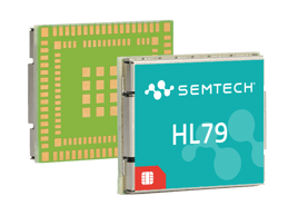 Semtech HL79 cellular module with a SIM interface, featuring a compact, solderable design for IoT applications. The module is displayed front and back, showcasing its connectivity and integration capabilities.