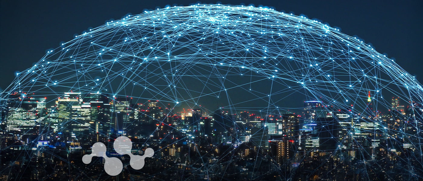 A digital composite image of a city skyline at night with a glowing blue network of interconnected lines and nodes forming a dome-like structure above the buildings, symbolizing global connectivity and IoT solutions. The Semtech icon, resembling a stylized molecular structure, appears on the left side of the image.