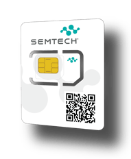 Semtech-branded SIM card with a white background, featuring a gold contact chip, a QR code for activation or information access, and the Semtech logo in teal, representing smart connectivity solutions.