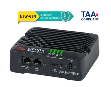 Sierra Wireless (now Semtech) AirLink XR60 rugged cellular router with dual Ethernet ports, USB connectivity, and green LED indicators, designed for secure and high-speed connectivity. A 'New-Gen' label highlights 5 years of AirLink Complete service.