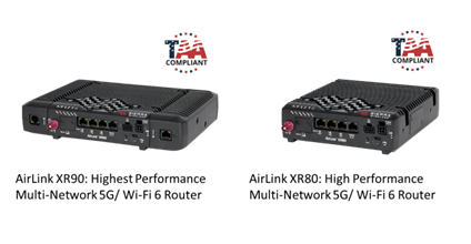 Picture AirLink XR90: Highest Performance Multi-Network 5G/ Wi-Fi 6 Router and an image of AirLink XR80: High Performance Multi-Network 5G/ Wi-Fi 6 router. TAA complaint logo hanging on the top right